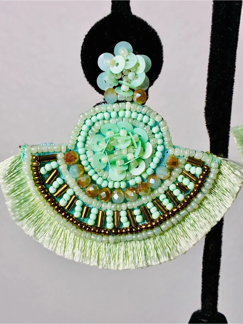 Mint Green Sequined & Beaded Fan Tassel Earrings for Boho Chic Women Summer